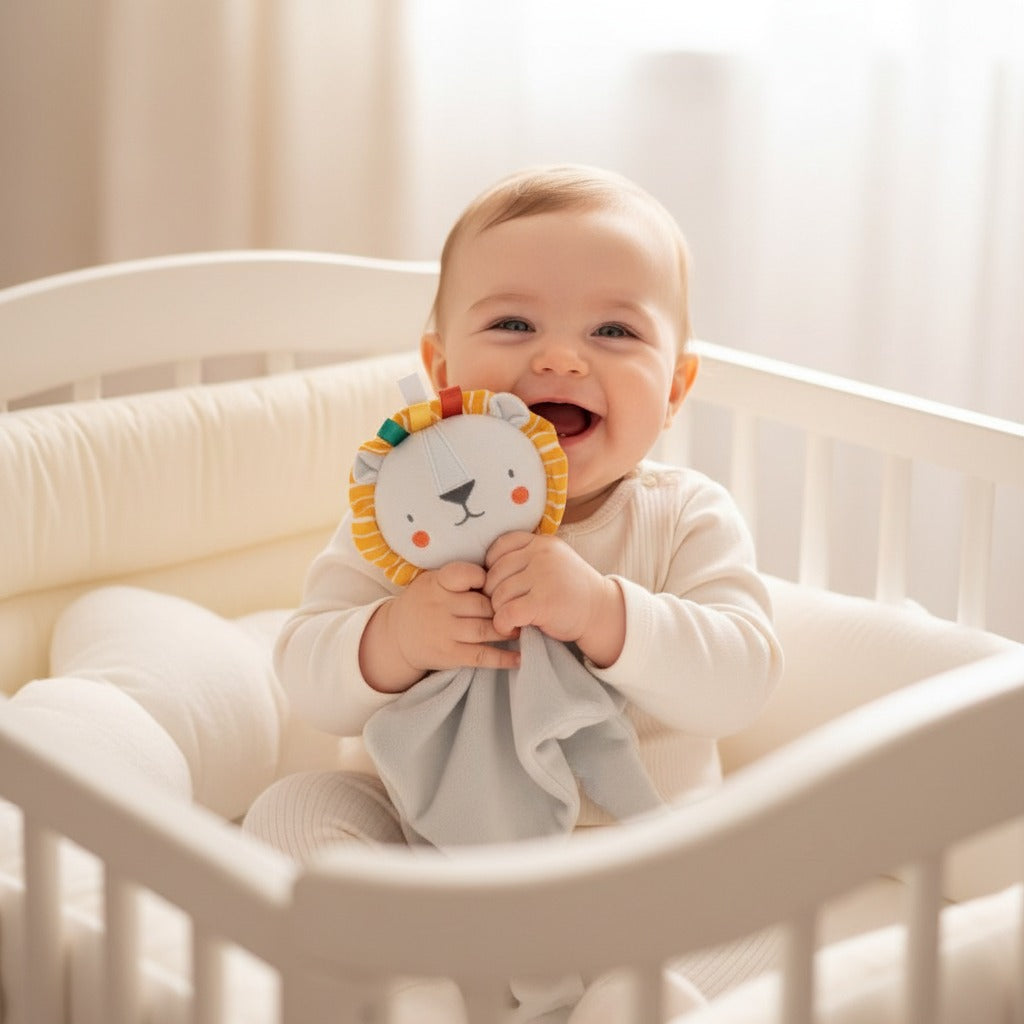 Bébé souriant dans berceau avec doudou bébé lion peluche douce