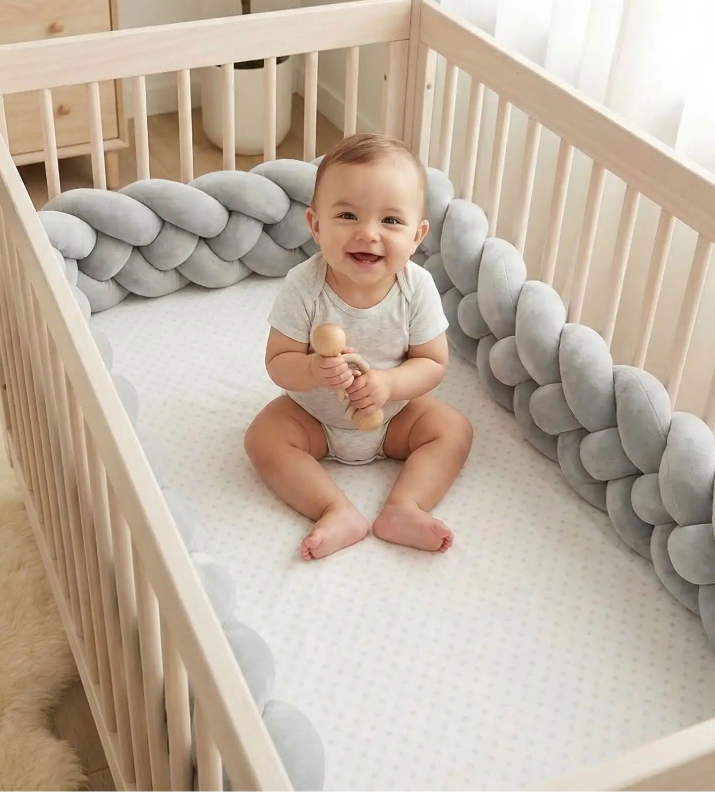 Bébé souriant dans berceau avec tresse de lit 4 brins grise - Douce et Sécurisante