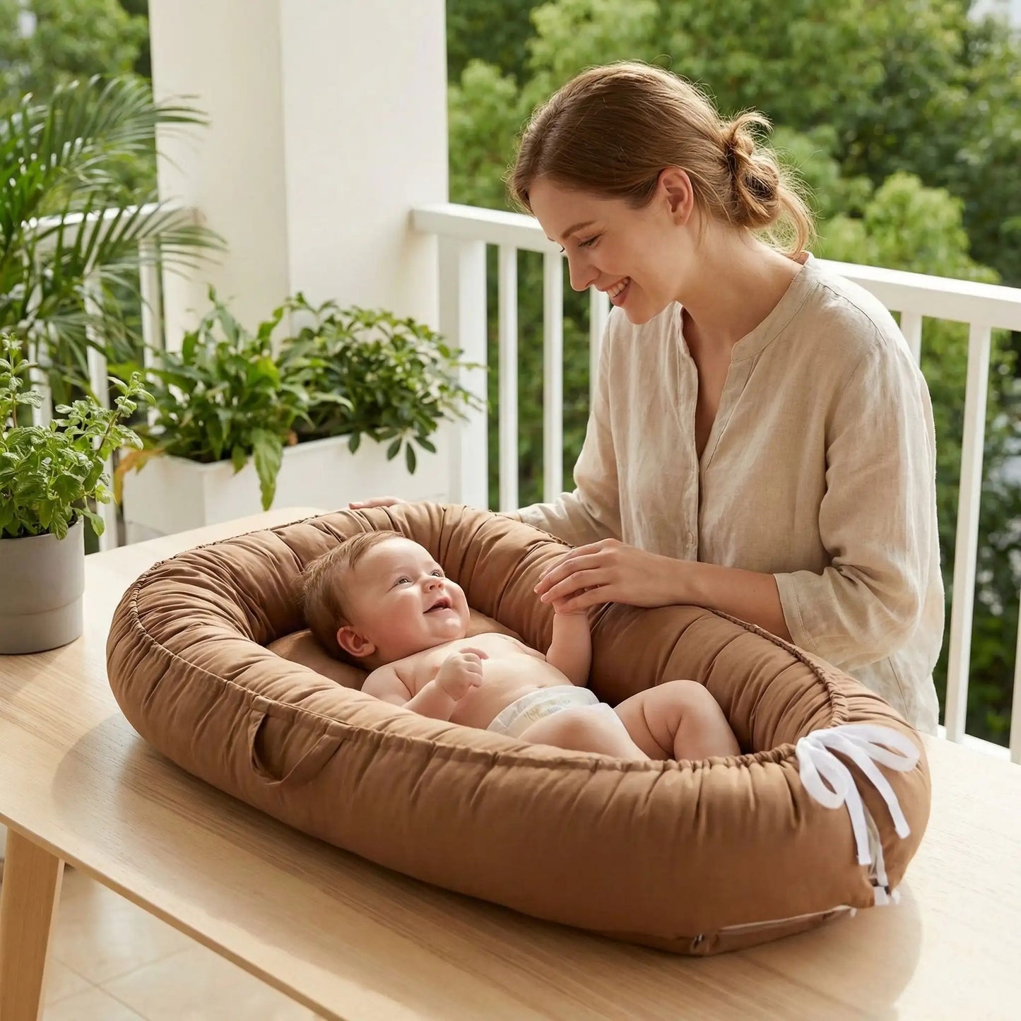 Bébé souriant dans cocon pour bebe marron avec maman Douceur Nocturne
