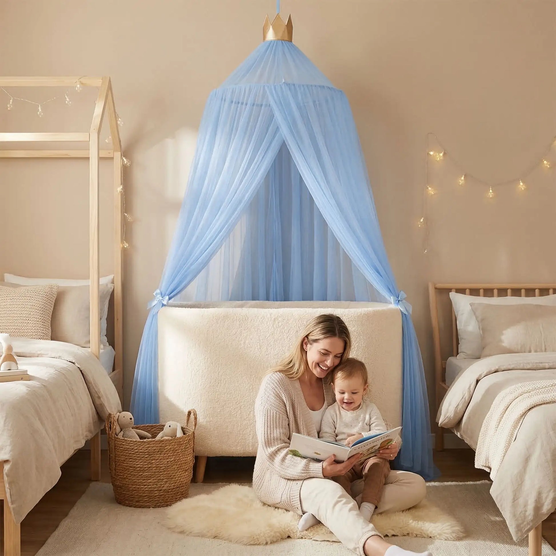 Berceau voile léger coin de lecture maman avec bébé Moustiquaire Bleue