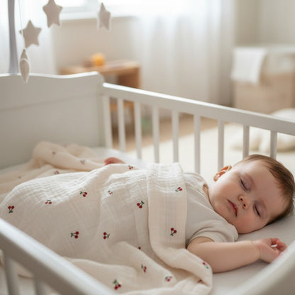 Couverture bebe douce sommeil paisible motifs cerises Plume Coton
