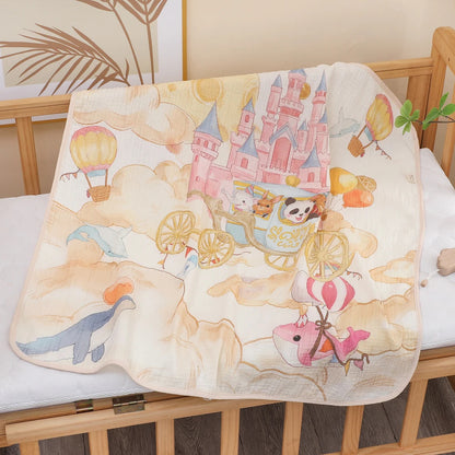 Couverture bebe gaze de coton Chateau rose sur nuages Cocon Douillet