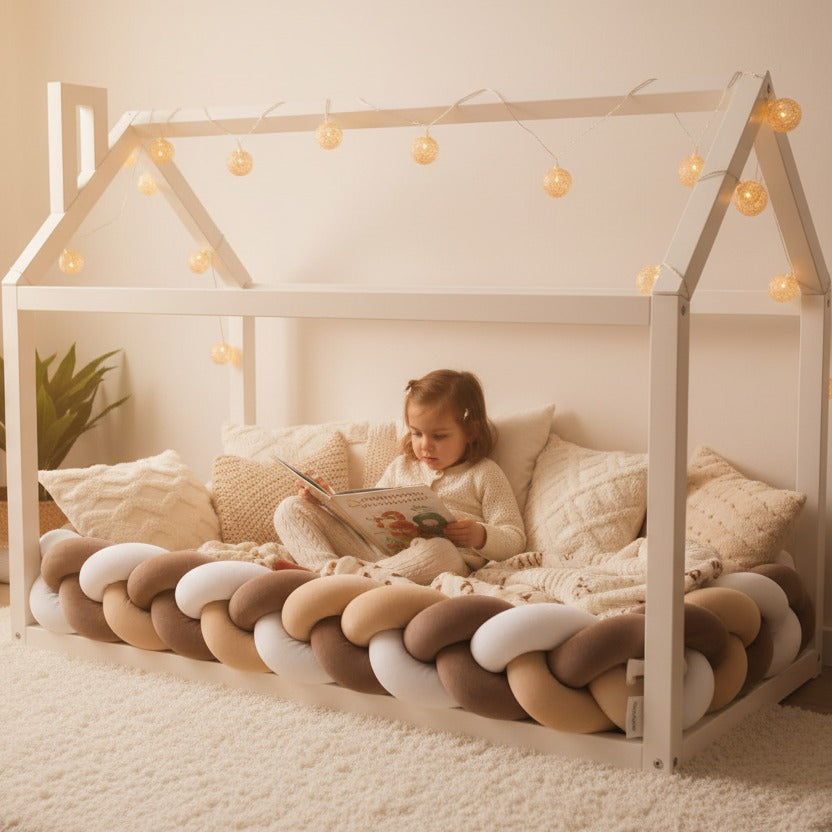 Fille lit histoire dans lit cabane avec Tresse de lit 3Brins Marron Beige Blanc