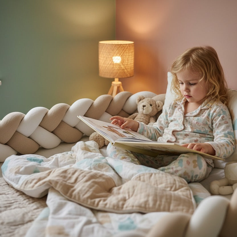 Fille lit livre avec Tresse de lit Beige et Blanc