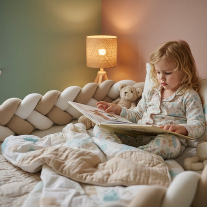 Fille lit livre avec Tresse de lit Beige et Blanc