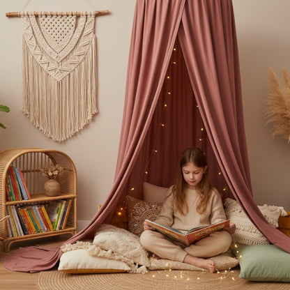 Fille lit livre sous ciel de lit bebe vieux rose 