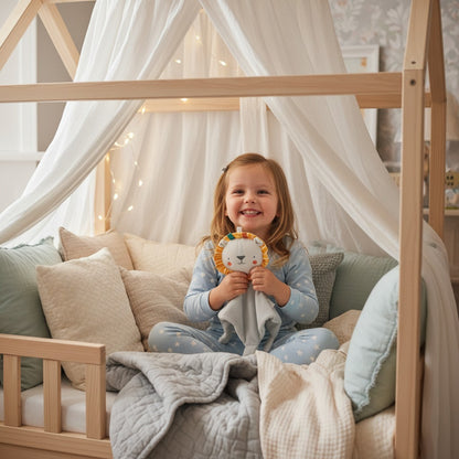 Fille souriante avec doudou bébé lion peluche douce