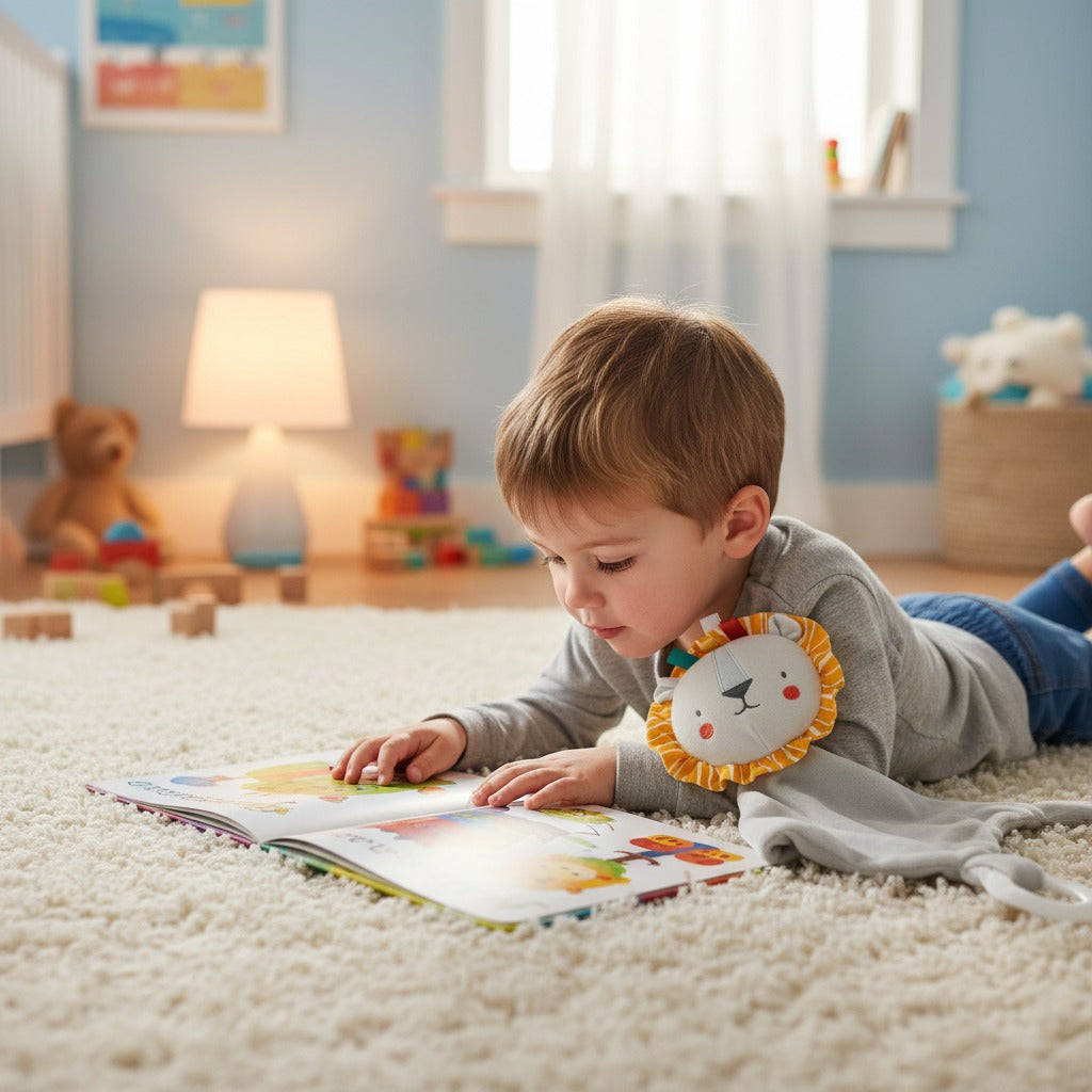 Garçon lit livre avec doudou bébé lion peluche douce