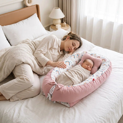 Mamam dort paisiblement avec nouveau-né dans reducteur matelas bebe coton évolutif