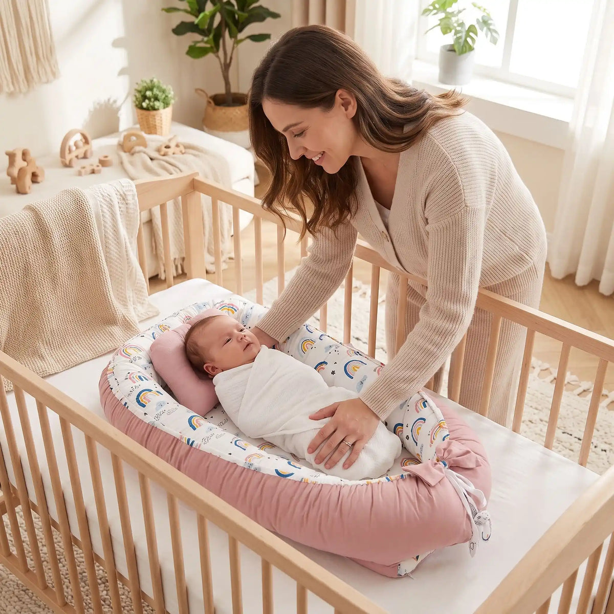Mamam souriante pose nouveau-né dans reducteur matelas bebe coton évolutif