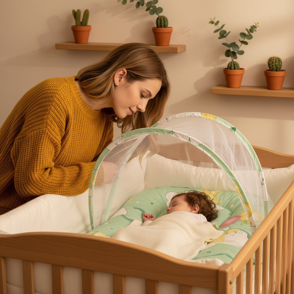 Maman ajuste dans berceau lit moustiquaire bebe NidProtect