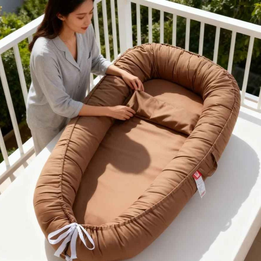 Maman ajuste l'oreiller du cocon pour bebe marron Douceur Nocturne