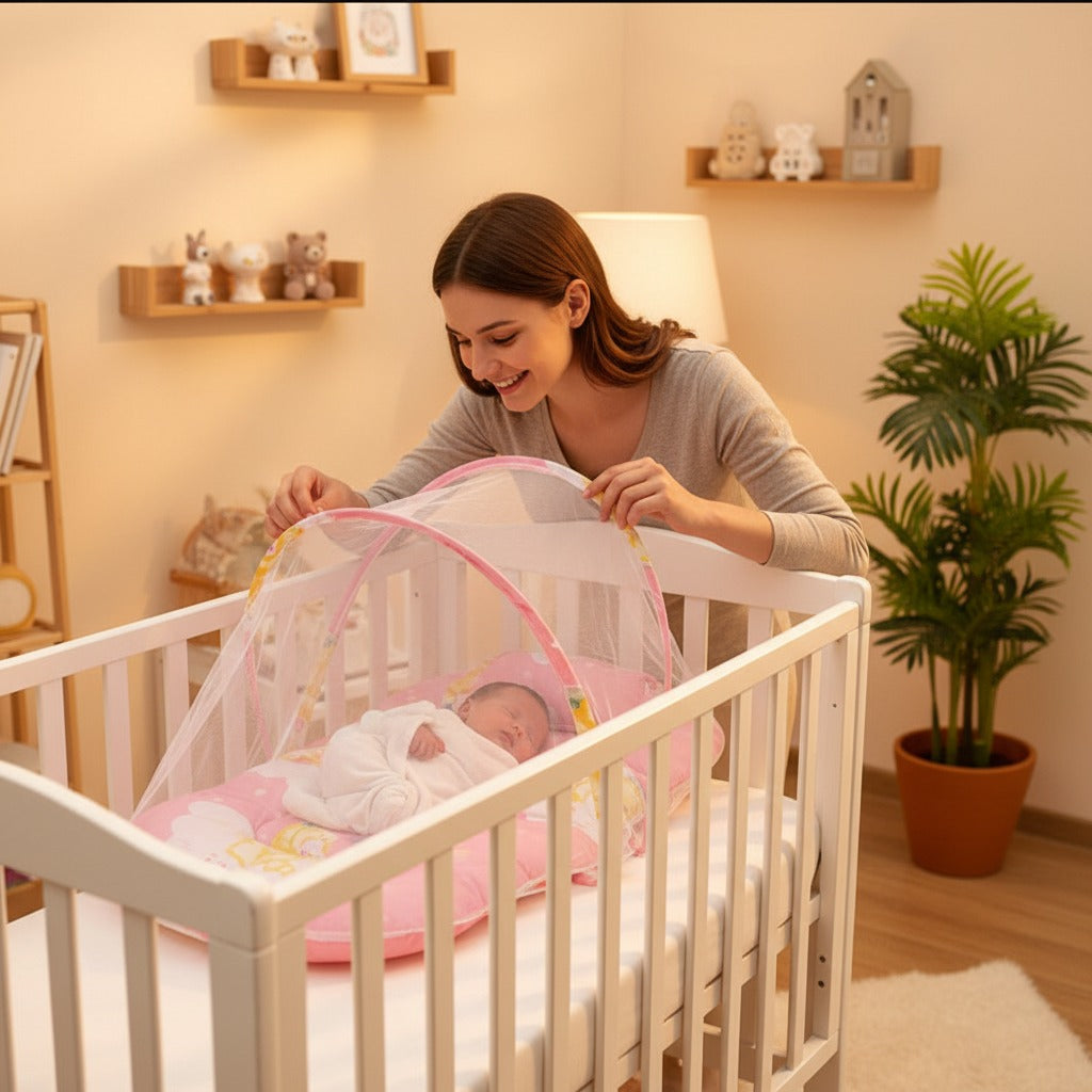Maman ajuste moustiquaire lit bébé sleepnest rose