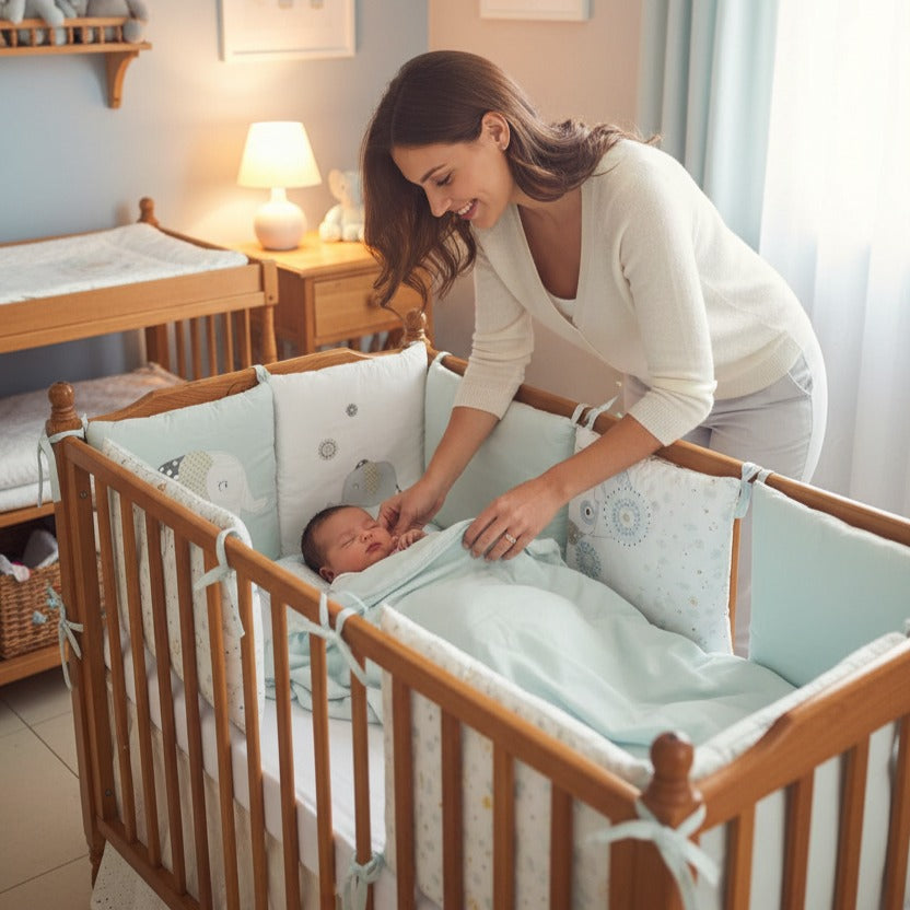 Maman couvre bébé dormir berceau avec Tour de lit Éléphant Coton Bio