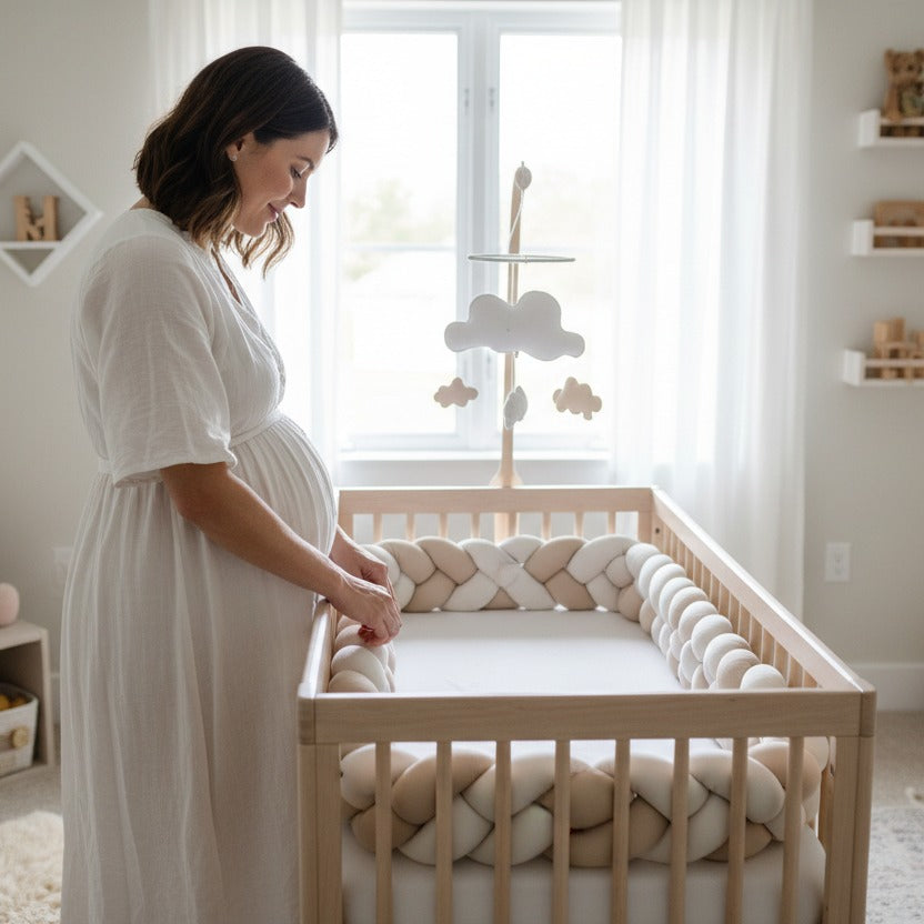 Maman devant berceau ajuste Tresse de lit Beige et Blanc