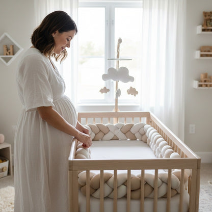 Maman devant berceau ajuste Tresse de lit Beige et Blanc