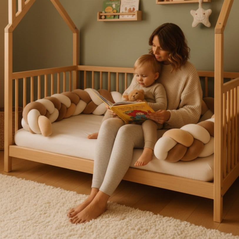 Maman lit histoire enfant avec Tresse de lit 3Brins Marron Beige Blanc