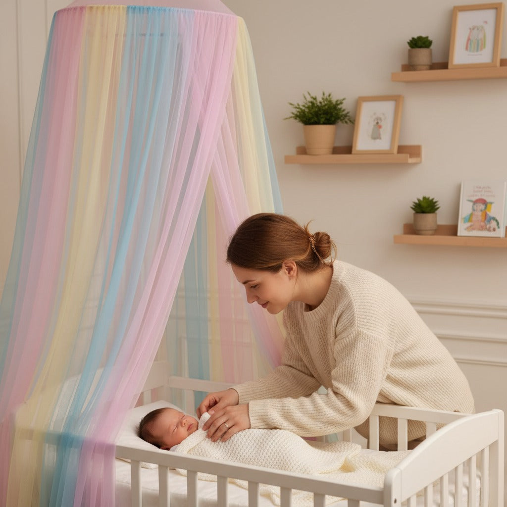 Maman pose bébé dans berceau avec Ciel de lit bébé Rêve Arc en Ciel