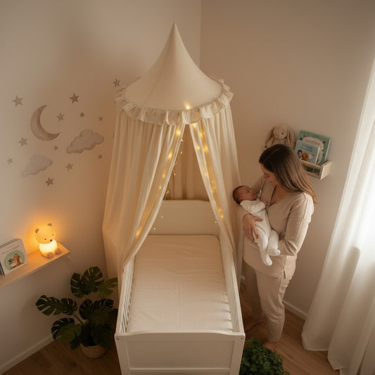 Maman pose bébé dans berceau avec ciel de lit bébé beige féerique