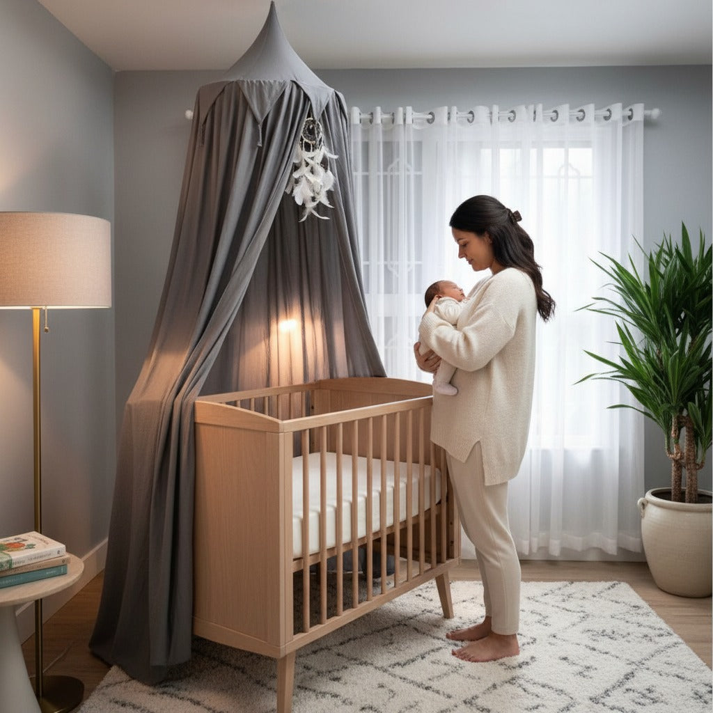 Maman pose bébé dans berceau avec ciel de lit bébé gris nuage