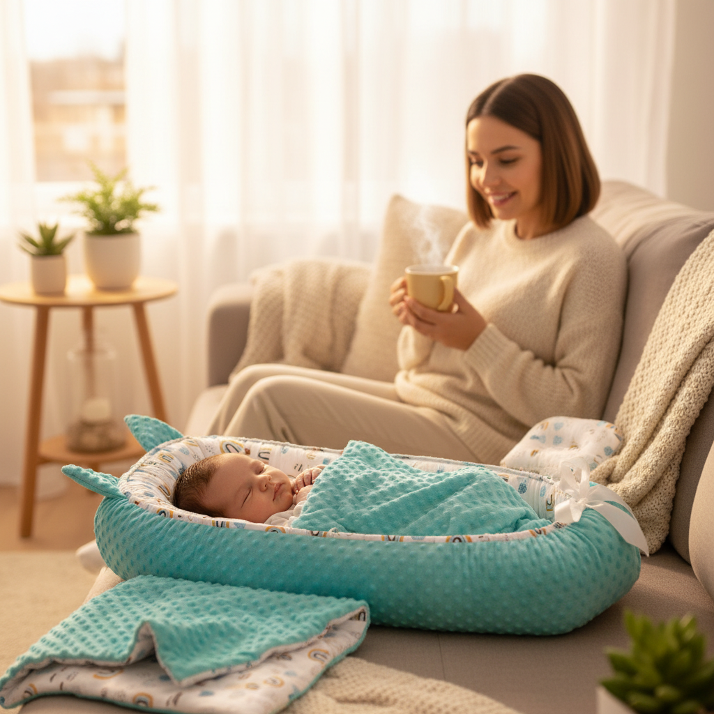 Maman regarde bébé dort dans  réducteur de lit bébé minky turquoise