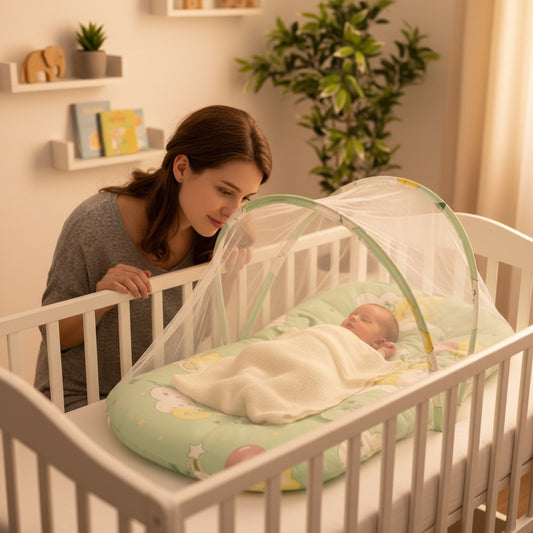 Maman regarde bébé dans lit moustiquaire bebe NidProtect
