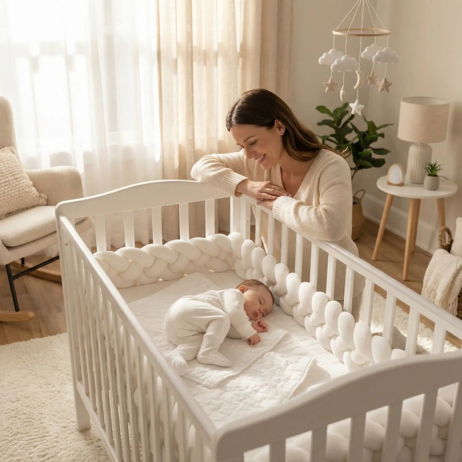 Maman regarde bébé dormir avec Tresse tour de lit CozyKnot Blanc