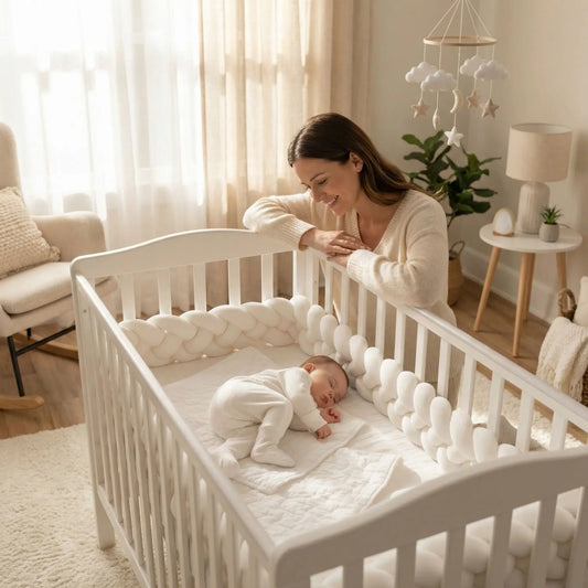 Maman regarde bébé dormir avec Tresse tour de lit CozyKnot Blanc