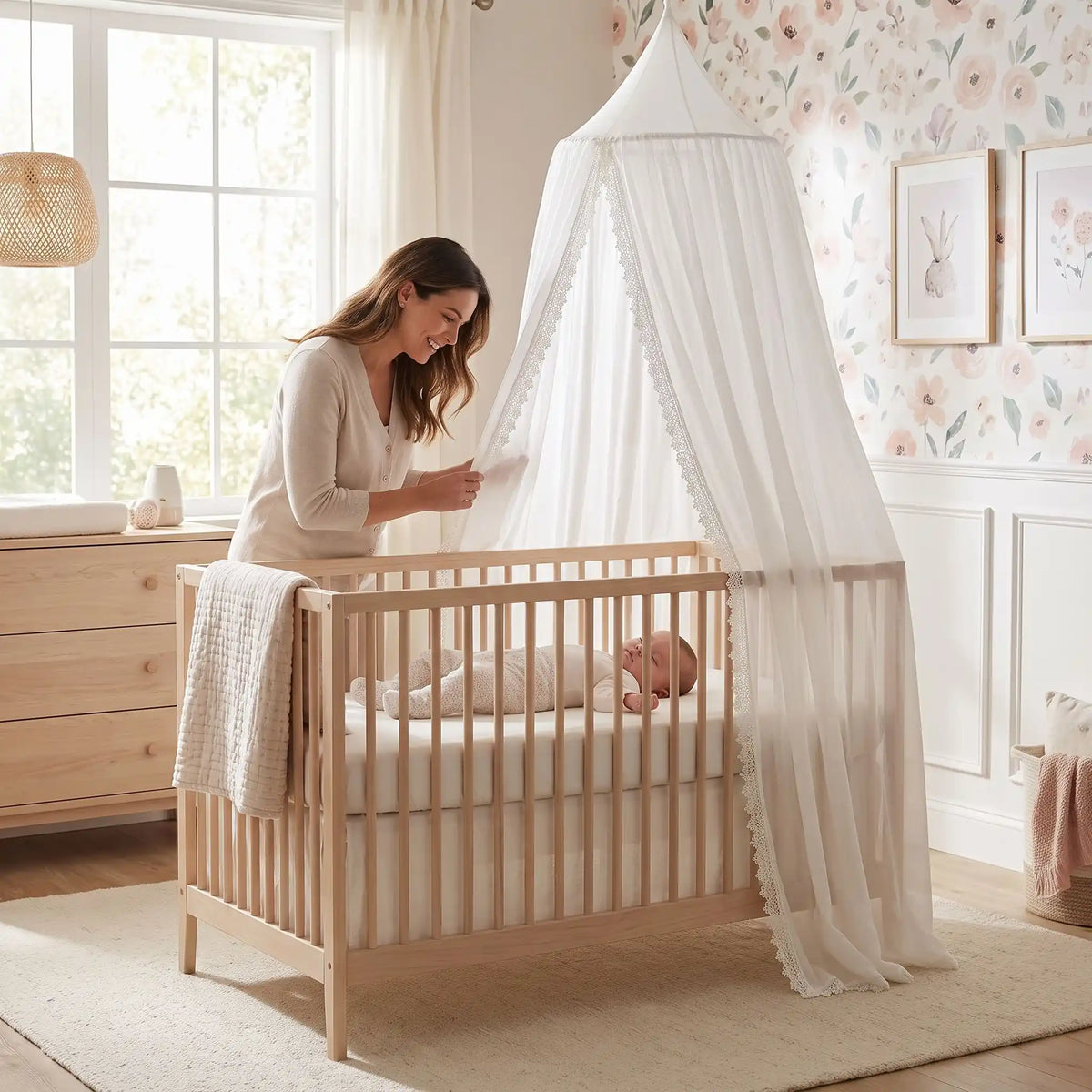 Maman souriante ajuste ciel de lit bébé fille doux nuage