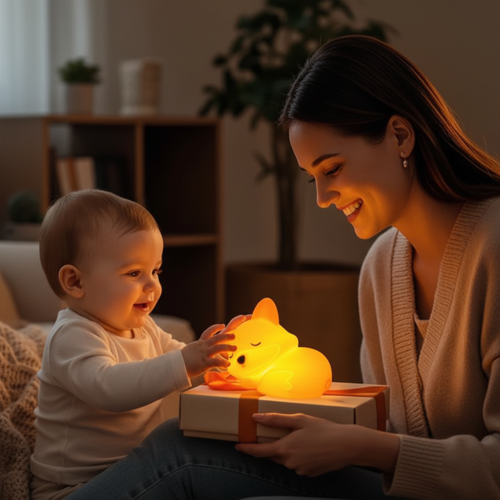 Maman souriante offre bebe veilleuse Renard Silicone Rechargeable