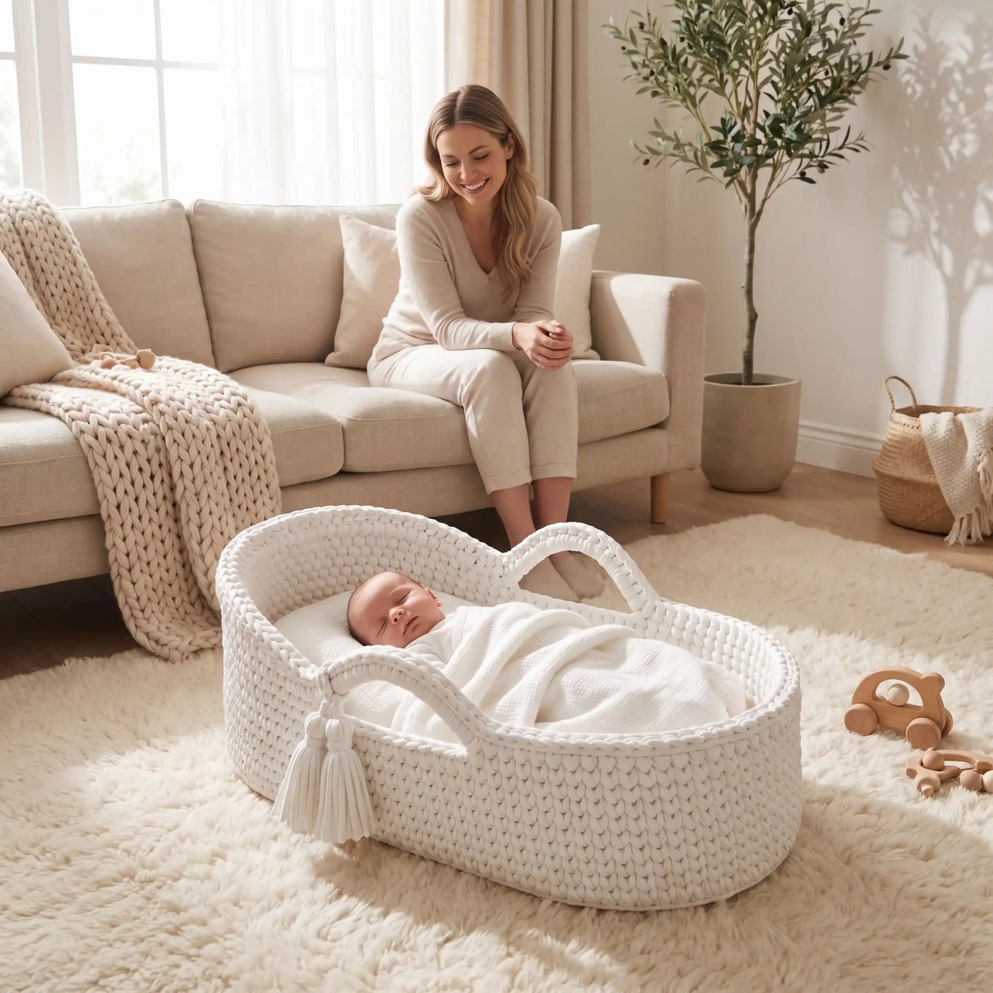 Maman souriante regarde dormir nouveau né dans couffin bebe blanc tissé main respirant
