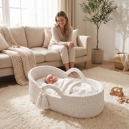 Maman souriante regarde dormir nouveau né dans couffin bebe blanc tissé main respirant