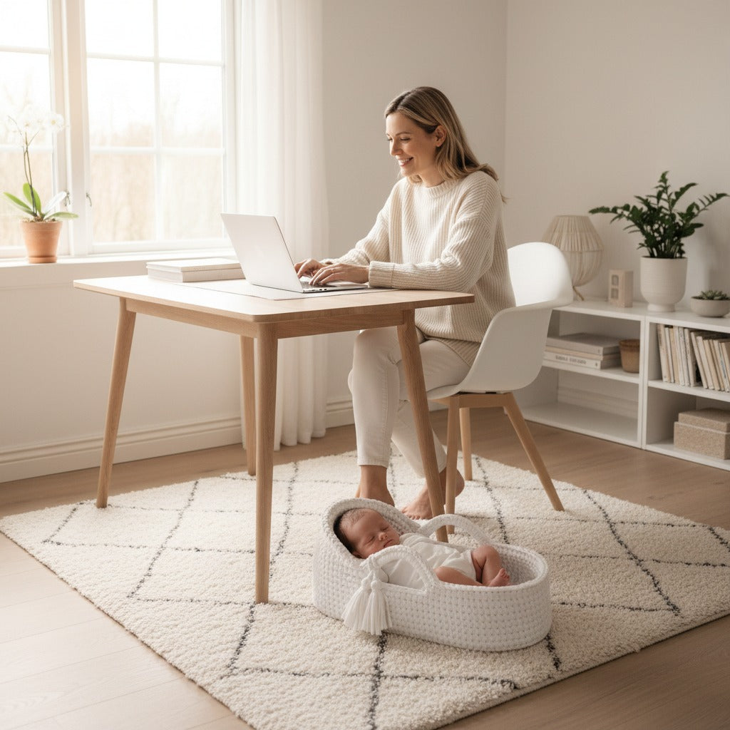 Maman souriante travaille nouveau né dans couffin bebe blanc tissé main respirant