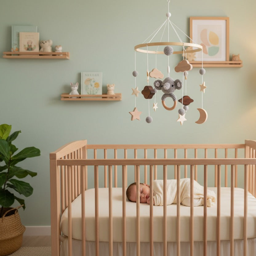 Mobile bébé koala Bois et Laine Éveil Artisanal