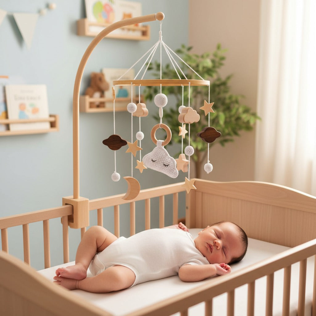 Mobile bébé nuage Bois Laine Éveil Artisanal