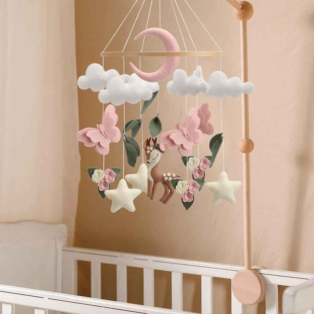 Mobile bébé suspensu avec support bois Feutre Artisanal