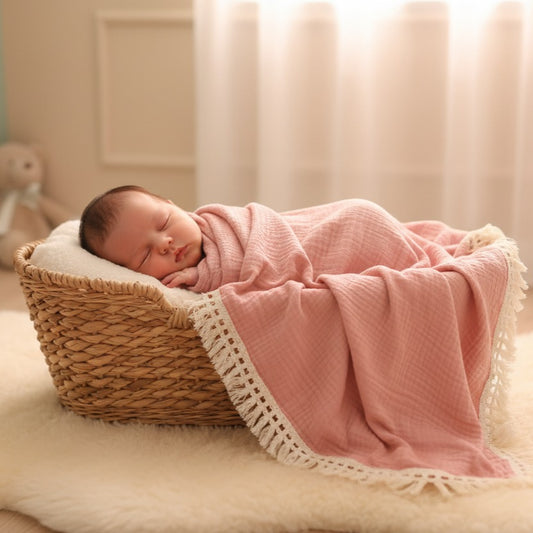 Nouveau né dort paisiblement dans panier en osier avec couverture bebe babyblanket rose