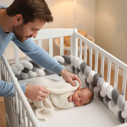 Papa couvre bébé dans berceau  avec Tour de lit tressé Gris Blanc