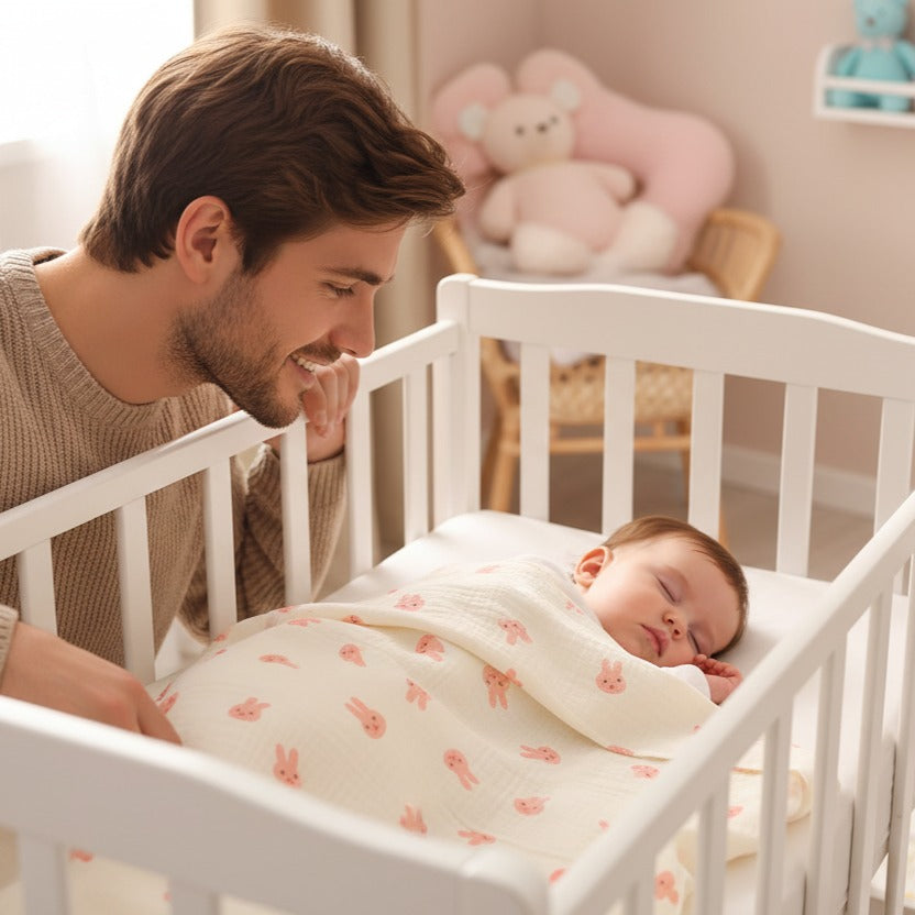 Papa regarde Bébé dort paisiblment avec Bebe plaid lapin PETITS PAS
