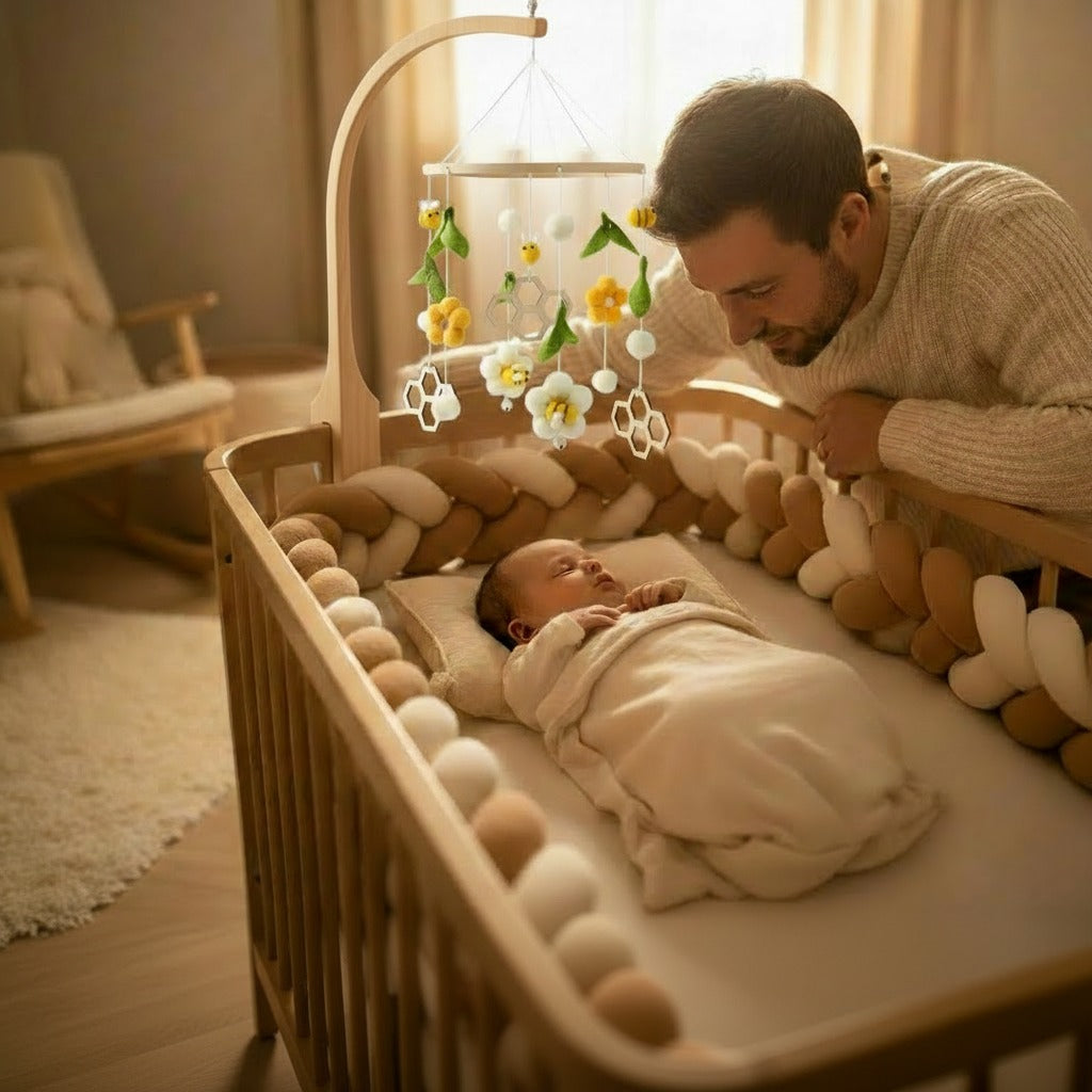 Papa regarde bébé dormir dans berceau avec mobile bébé artisanal bois feutrine
