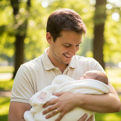 Papa tient bébé avec couverture douce bebe légère motif lapin Calin Flanelle