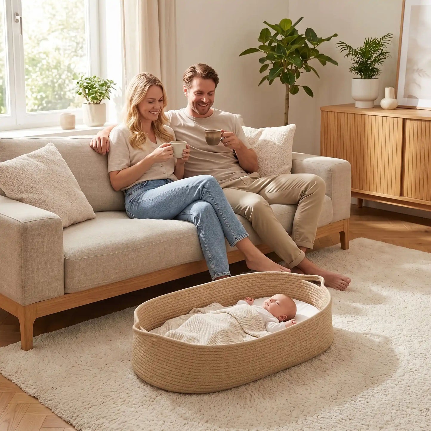 Parents rassures souriants regardent nouveau né dnas couffin bébé coton naturel
