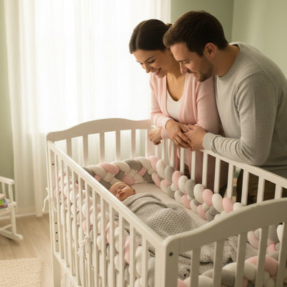Parents regardent bébé dormir paisiblement dans berceau avec tresse de lit bébé cozyknot rose gris