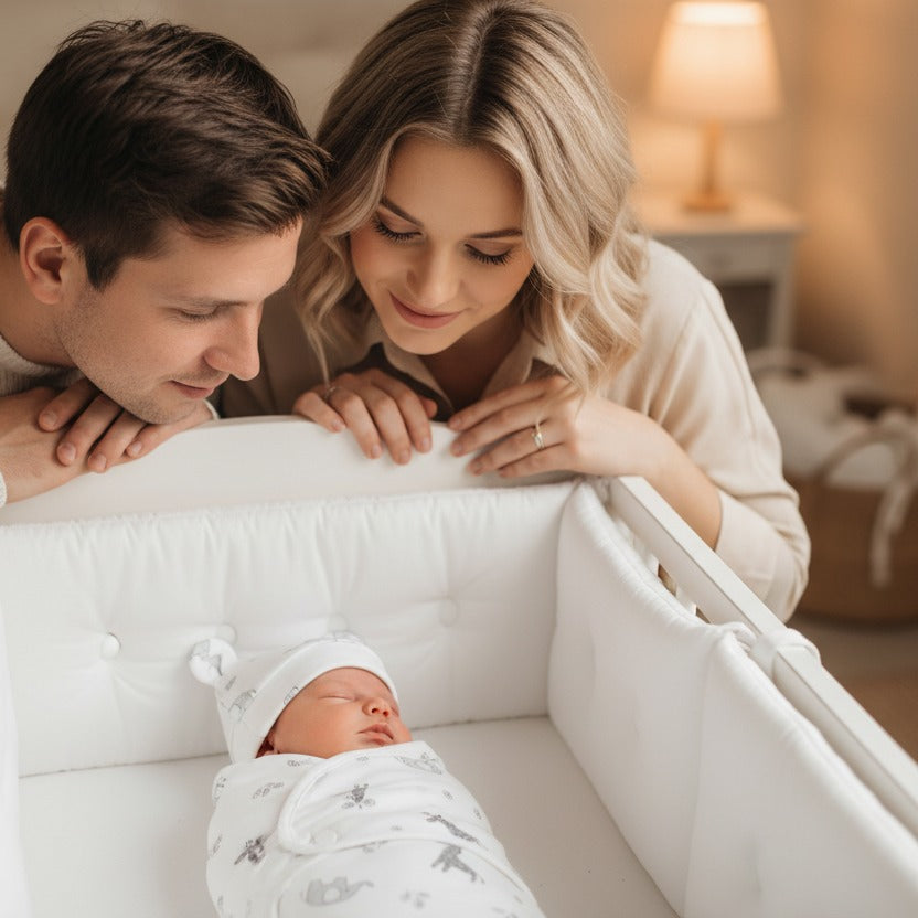 Parents regardent bébé dort dans berceau avec Couverture emmaillotage coton Douce Sérénité