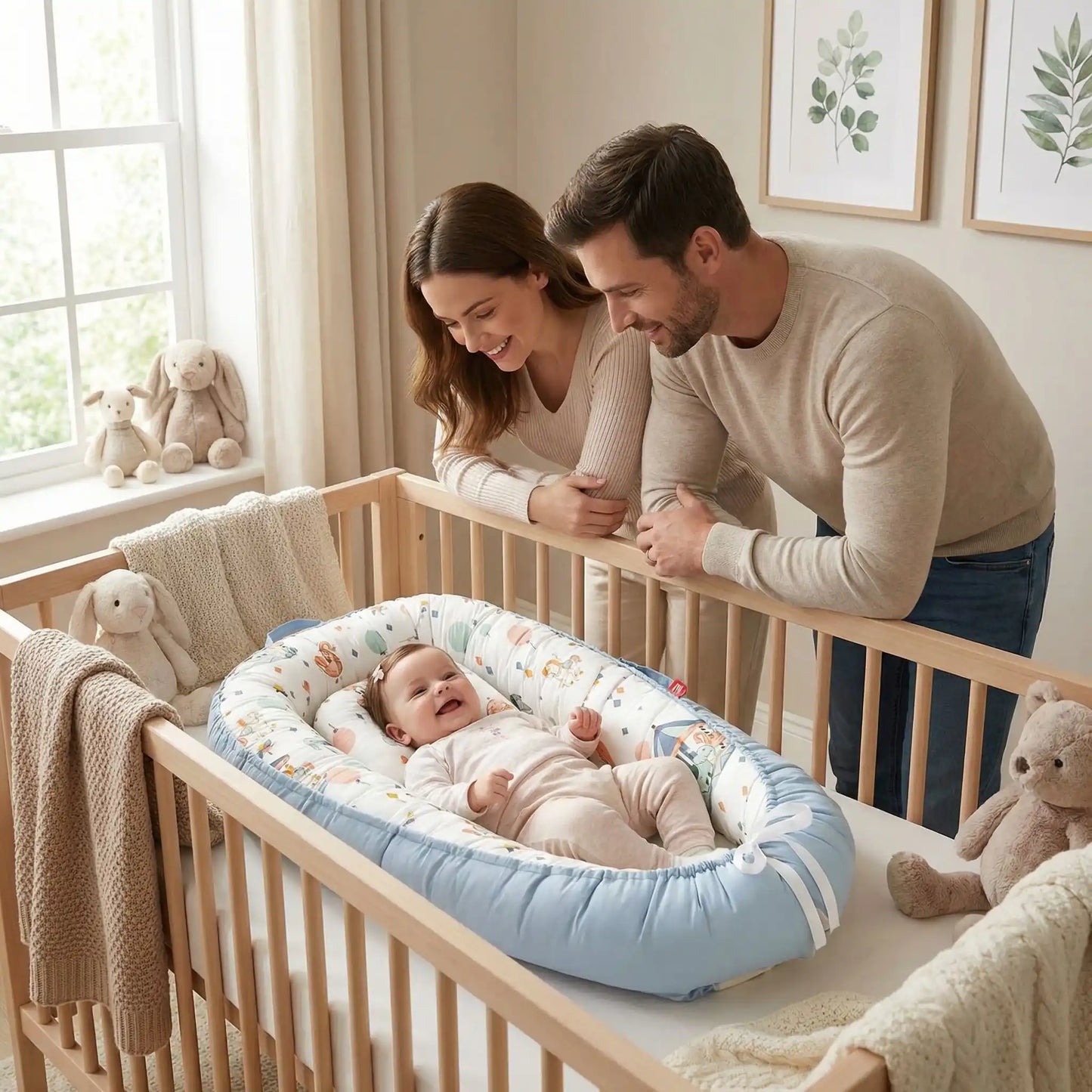 Parents sereins regardent bebe Réducteur de lit bebe Cocon Sécurisé