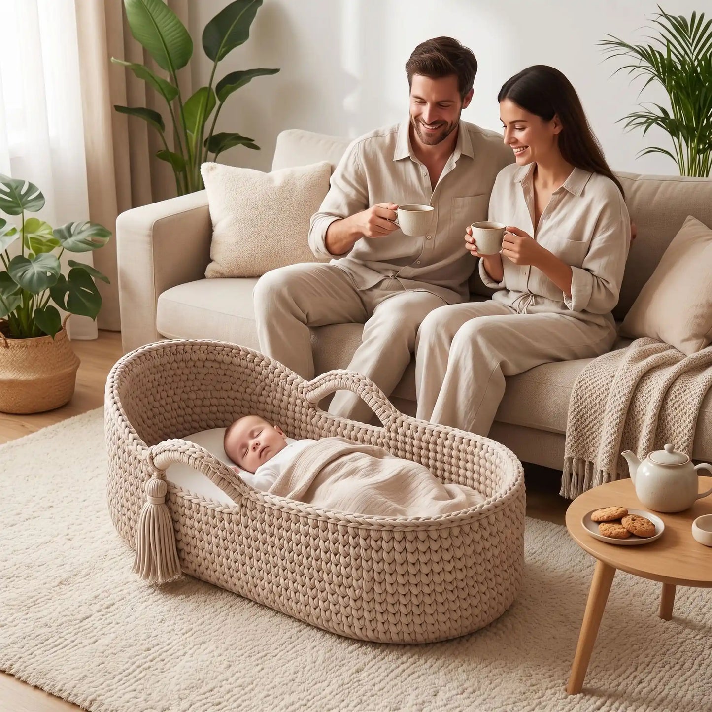 Parents sereins regardent nouveau né dormir dans couffin bebe tissé main respirant