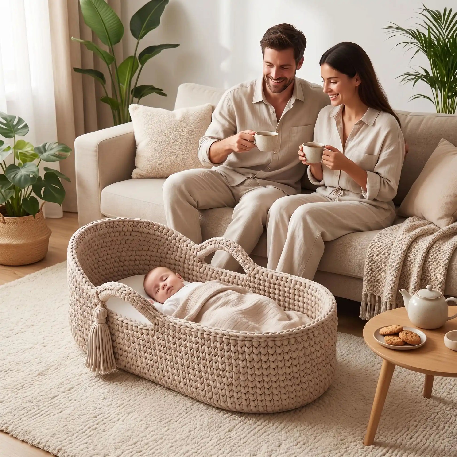 Parents sereins regardent nouveau né dormir dans couffin bebe tissé main respirant