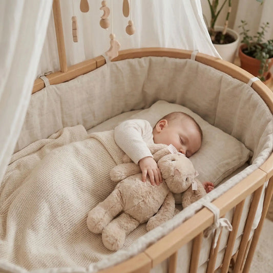 Peluche lapin avec bébé dans berceau sommeil paisible Timidou