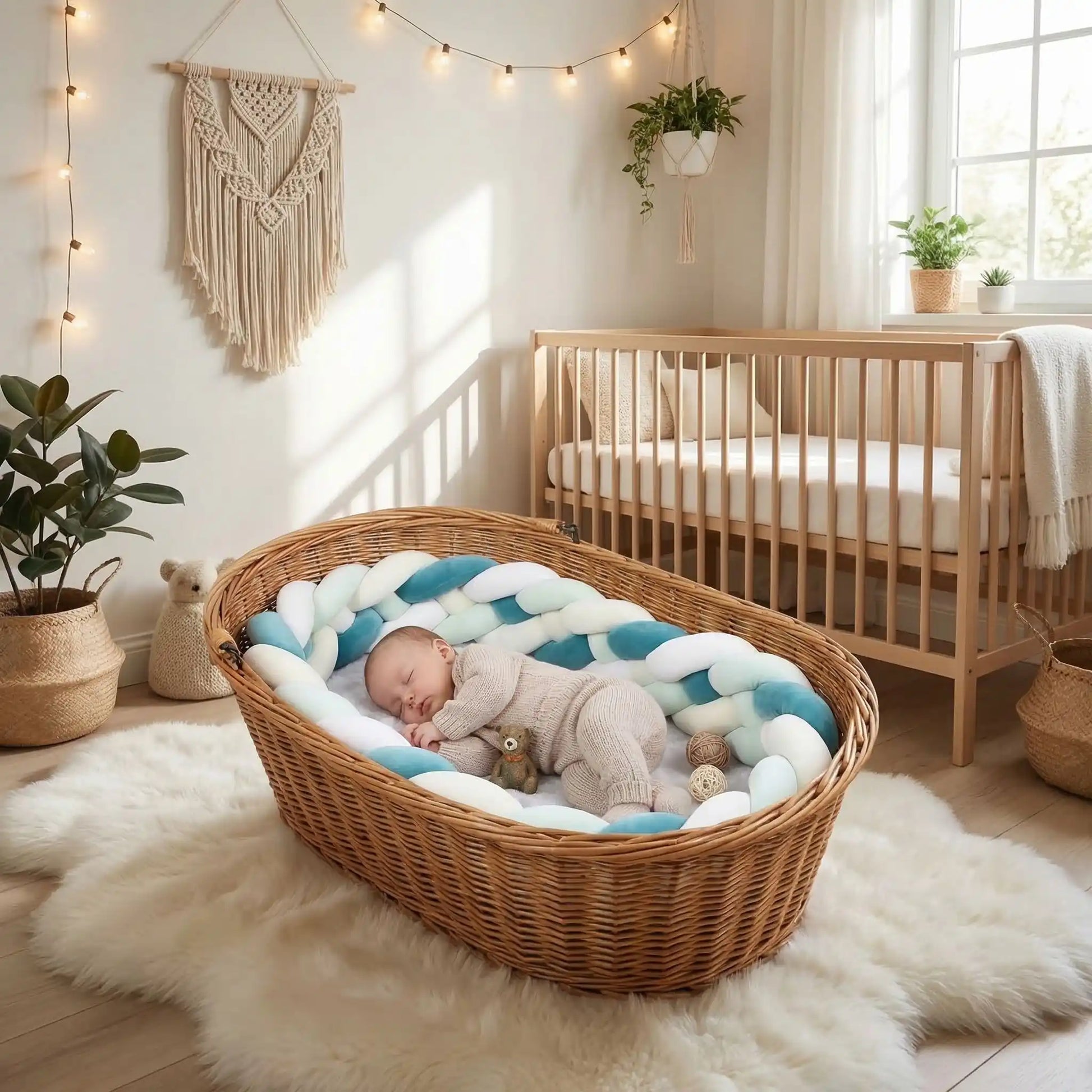 Tour de lit tressé vert blanc pour bébé confortable Velours Douillet
