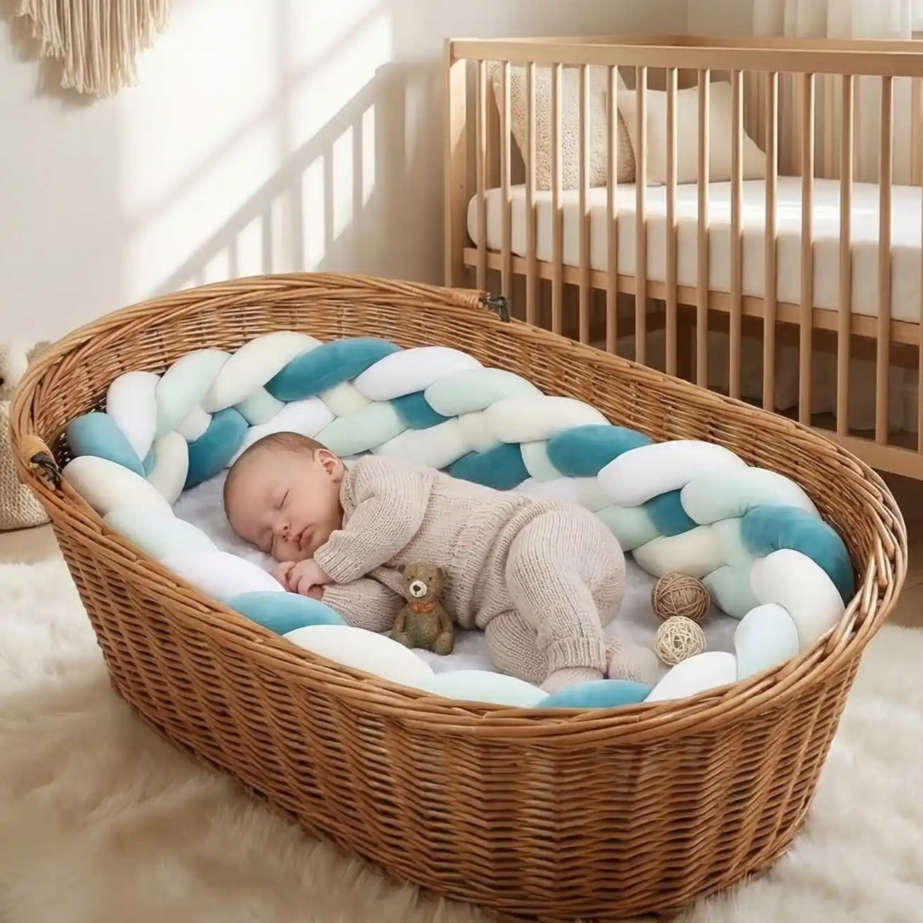 Tour de lit tressé vert blanc pour bebe moelleux Velours Douillet